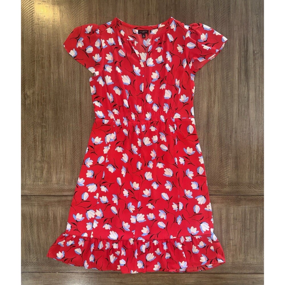 Talbots Classic Red Floral Flutter Sleeve Flounce Hem Dress Women’s Size 6P EUC - Picture 15 of 16